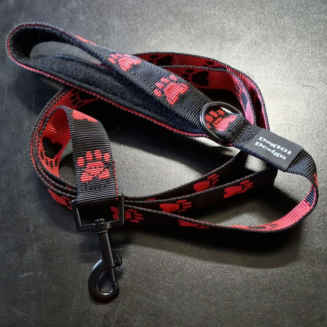Adult Dog Premium Handle Fancy Red Paw - Black 1.5m x 25mm Lead image 1