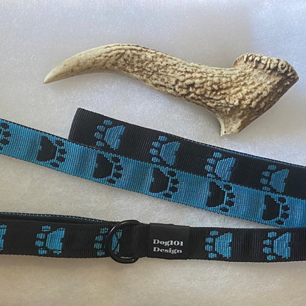 Adult Dog Premium Handle Fancy Blue Paw - Black 1.5m x 25mm Lead image 0