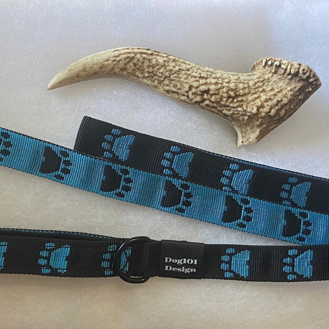 Adult Dog Premium Handle Fancy Blue Paw - Black 1.5m x 25mm Lead image 0