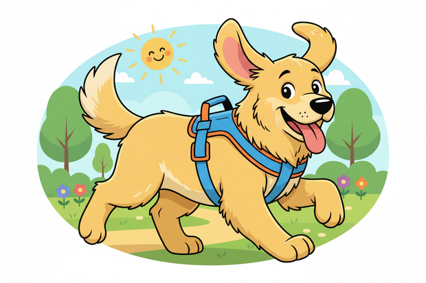 a cartoon big dog wearing an underarm halter