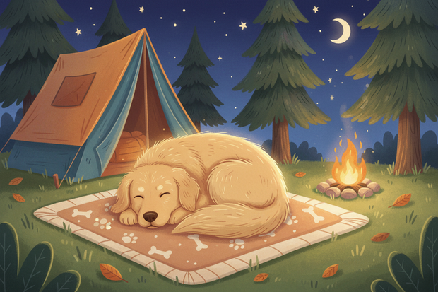 a cartoon dog asleep on a dog blanket camping