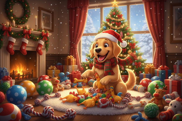 A cartoon dog at xmas with lots of toys