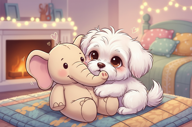 a cartoon dog being comforted by a toy