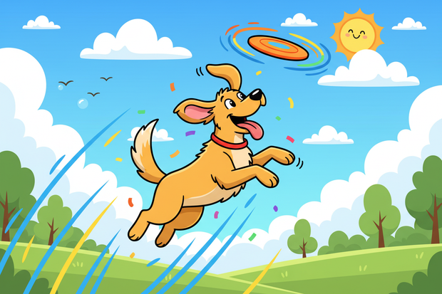 a cartoon dog chasing a frisby in the air