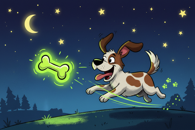 a cartoon dog chasing a glo in the dark toy at night