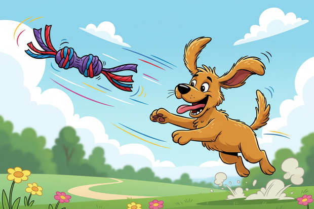 a cartoon dog chasing a thrown wubba toy