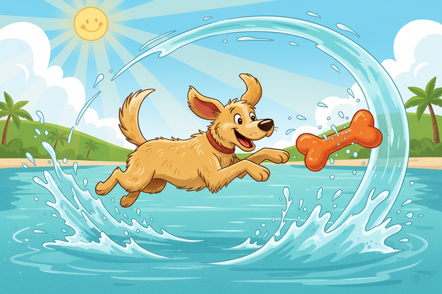 a cartoon dog chasing a water toy in the water