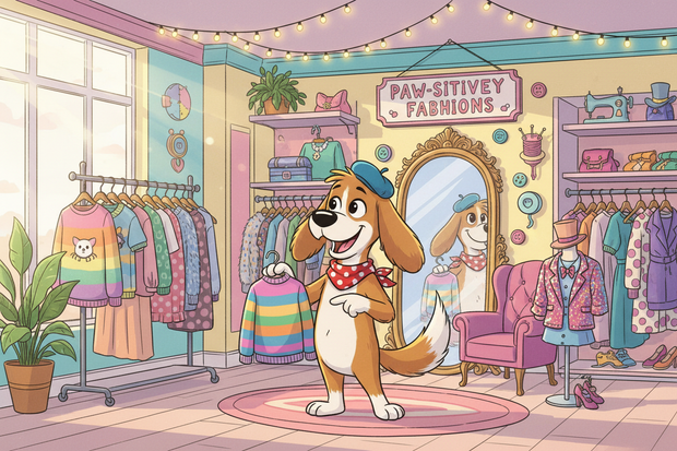 a cartoon dog choosing an outfit to wear inside a shop