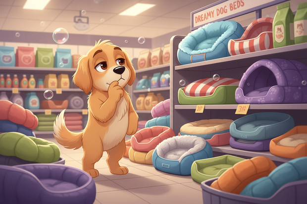 a cartoon dog choosing from a variety of dog beds in a store