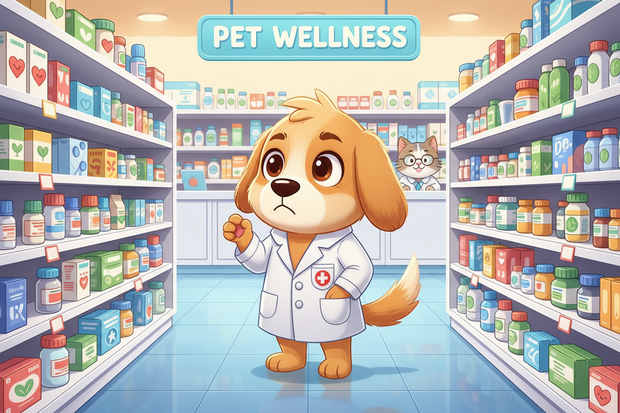 a cartoon dog choosing medication in a pharmacy store