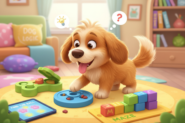 a cartoon dog doing interactive puzzles
