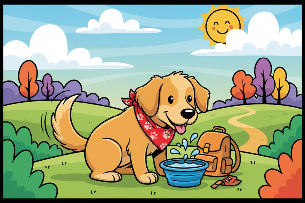 a cartoon dog drinking from a travel bowl