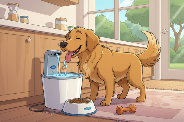a cartoon dog drinking from an automatic fountain
