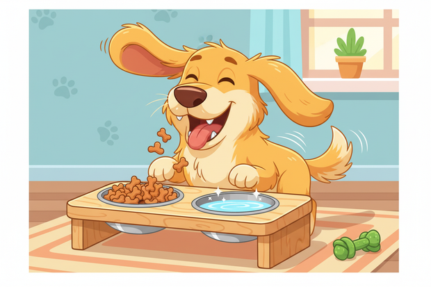 a cartoon dog eating from a raised feeding station