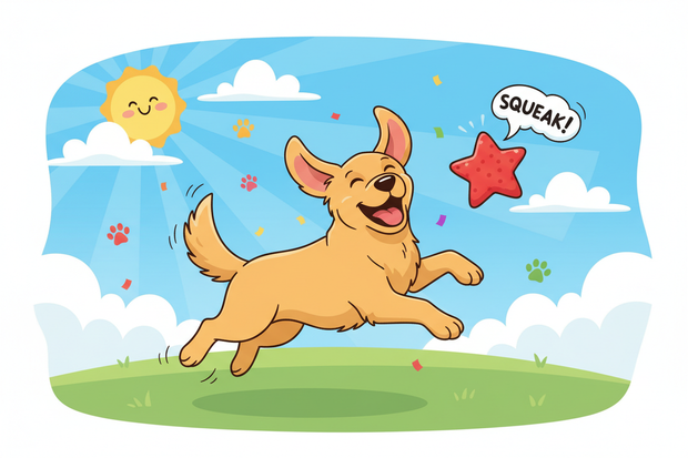 A cartoon Dog enjoying a squeaky dog toy