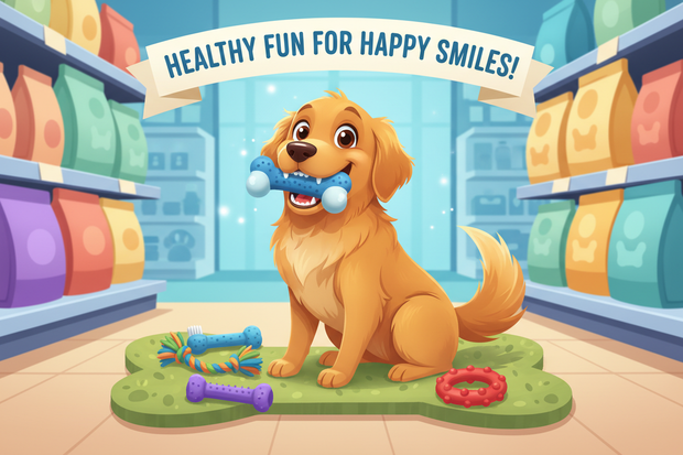 A cartoon dog enjoying chewing dental style toys
