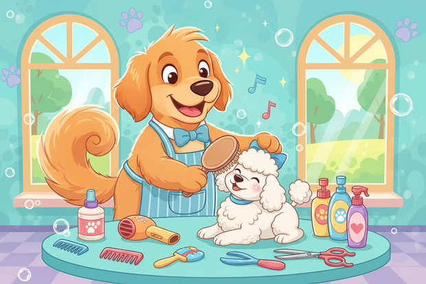 A cartoon dog expertly grooming