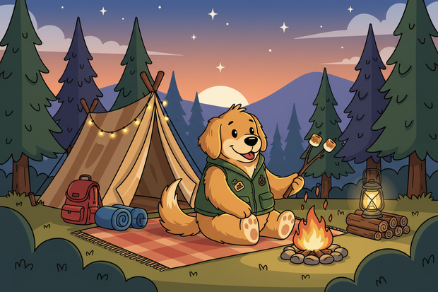 a cartoon dog exquisitly camping in the wild