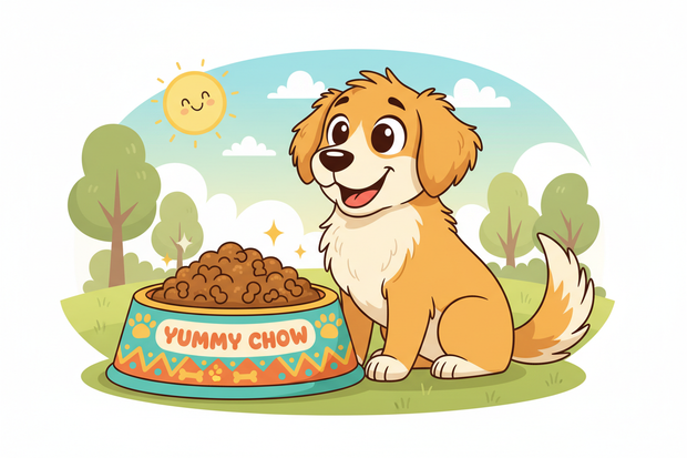 a cartoon dog holding a patterned dog bowl