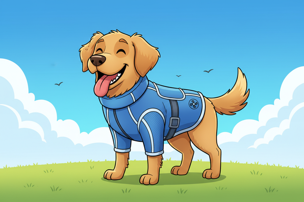 a cartoon dog in a cooling jacket outside