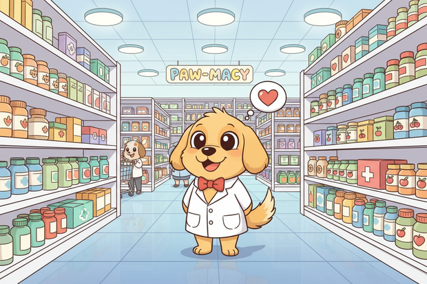 a cartoon dog in a medicine ailse in a store