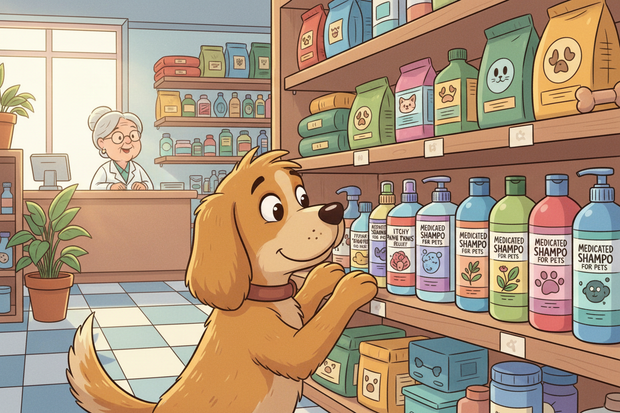 a cartoon dog in a pharmacy looking at medicated shampoos
