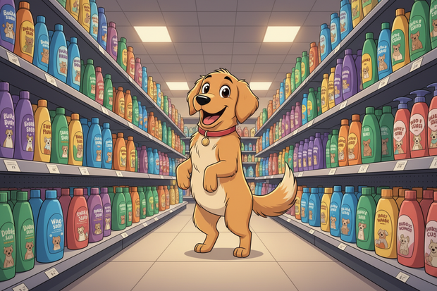 a cartoon dog in a shampoo aisle in a store