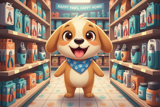 a cartoon dog in a store near nail clippers and nail grinders
