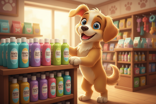 a cartoon dog in a store next to grooming conditioners