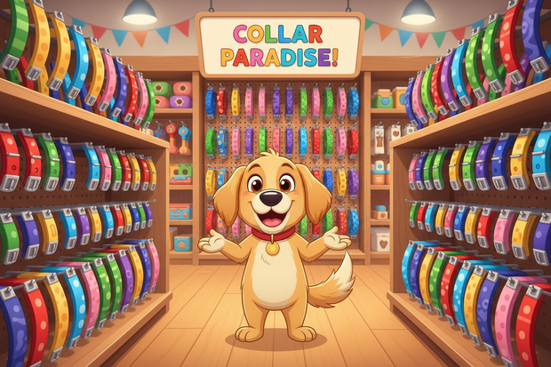 a cartoon dog in a store surrounded by buckle collars