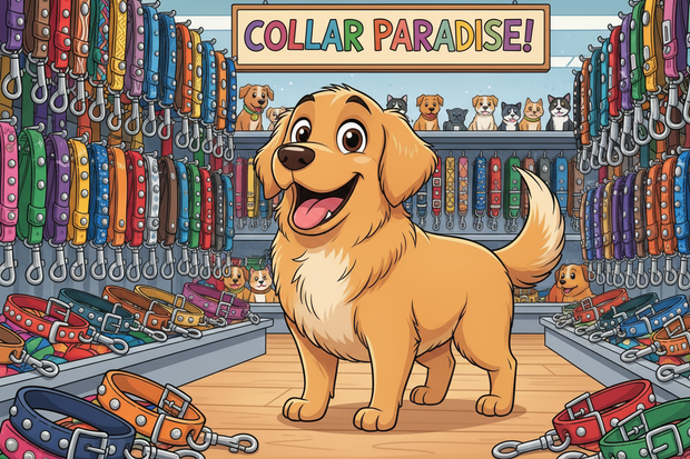 a cartoon dog in a store surrounded by collars with metal clips