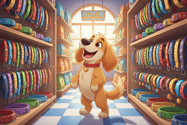 a cartoon dog in a store surrounded by double up collars