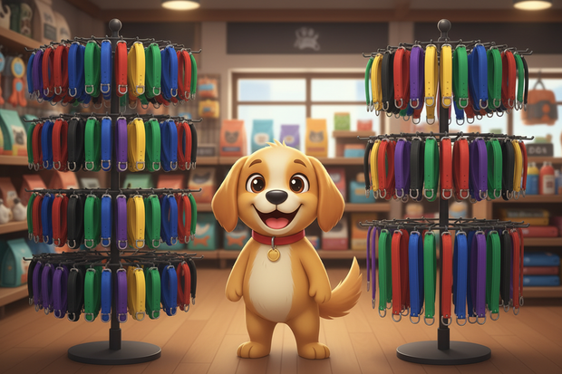 a cartoon dog in a store surrounded by plain webbing collars