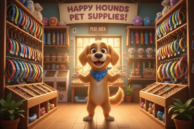 a cartoon dog in a store with martingale collars