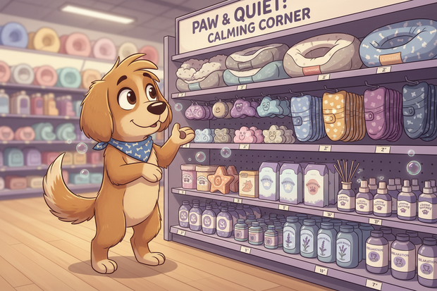 a cartoon dog looking at calming equipment in a store
