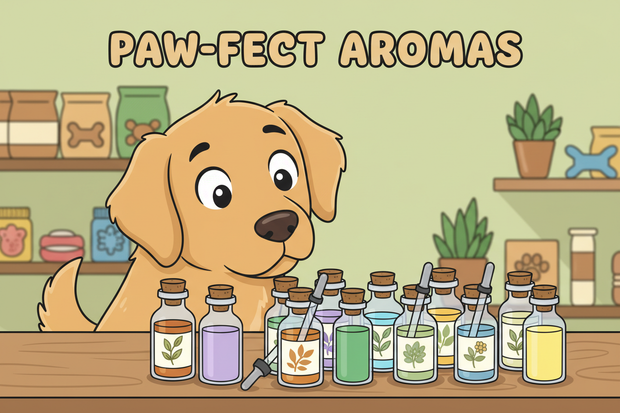 a cartoon dog looking at essential oils vials