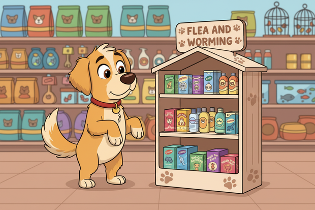 a cartoon dog looking at Flea and worming stand in a store