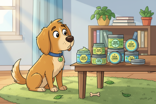 a cartoon dog looking at hemp balms