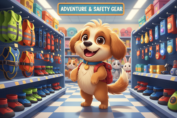 a cartoon dog looking at safety equipment in a store