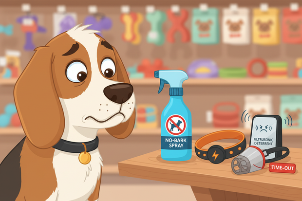 a cartoon dog looking at scary accessories to stop behaviour