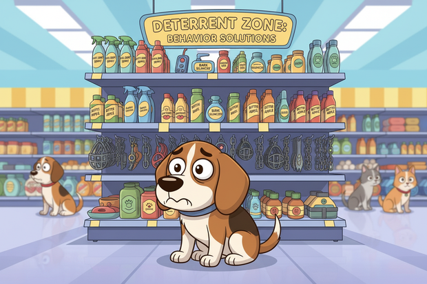 a cartoon dog looking at scary deterant products in a store