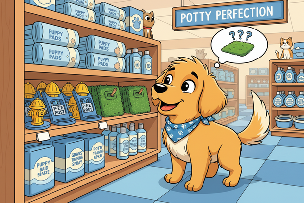 a cartoon dog looking at toileting products in a store