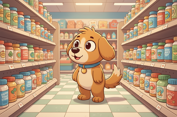 a cartoon dog looking at vitamins in a store