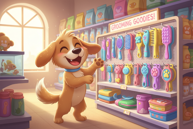 a cartoon dog near dog brushes in a store