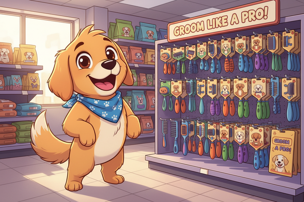 a cartoon dog near dog combs in a store