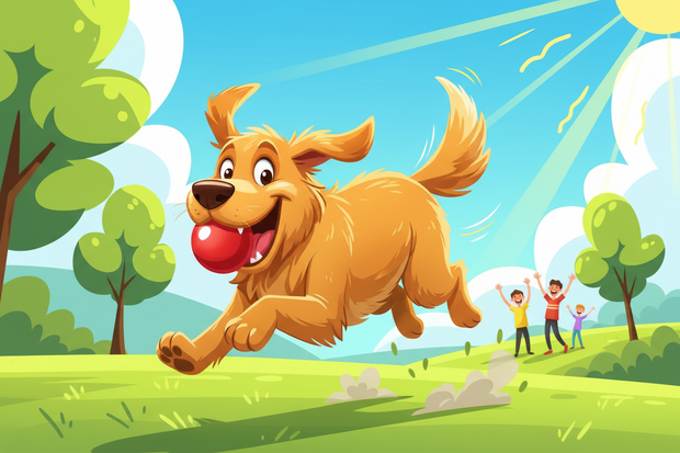 a cartoon dog playing fetch