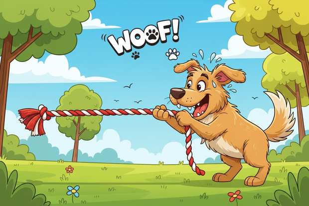 a cartoon dog playing with a rope