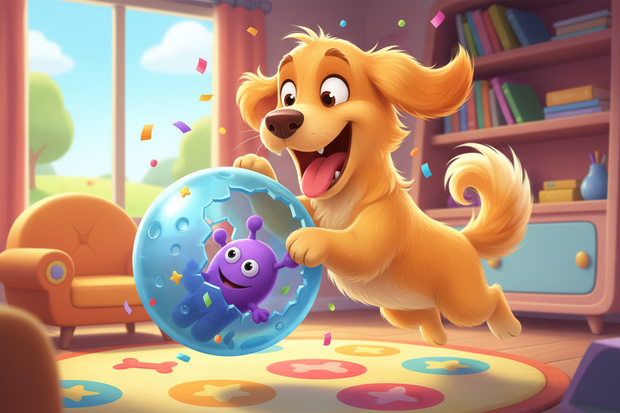 a cartoon dog playing with a toy that has a second one inside it