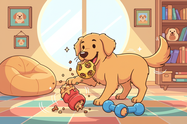a cartoon dog playing with fillable food toys