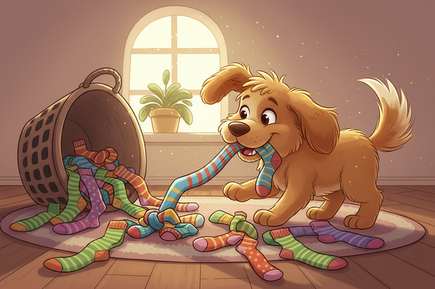 a cartoon dog playing with human socks